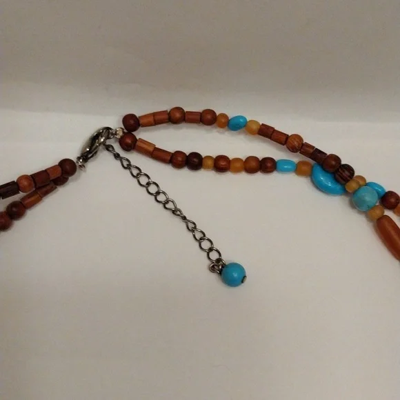 SOLD!! Vtg Coldwater Creek Turquoise Horn Doughnut Orb Wooden Double Necklace! - Picture 4 of 8